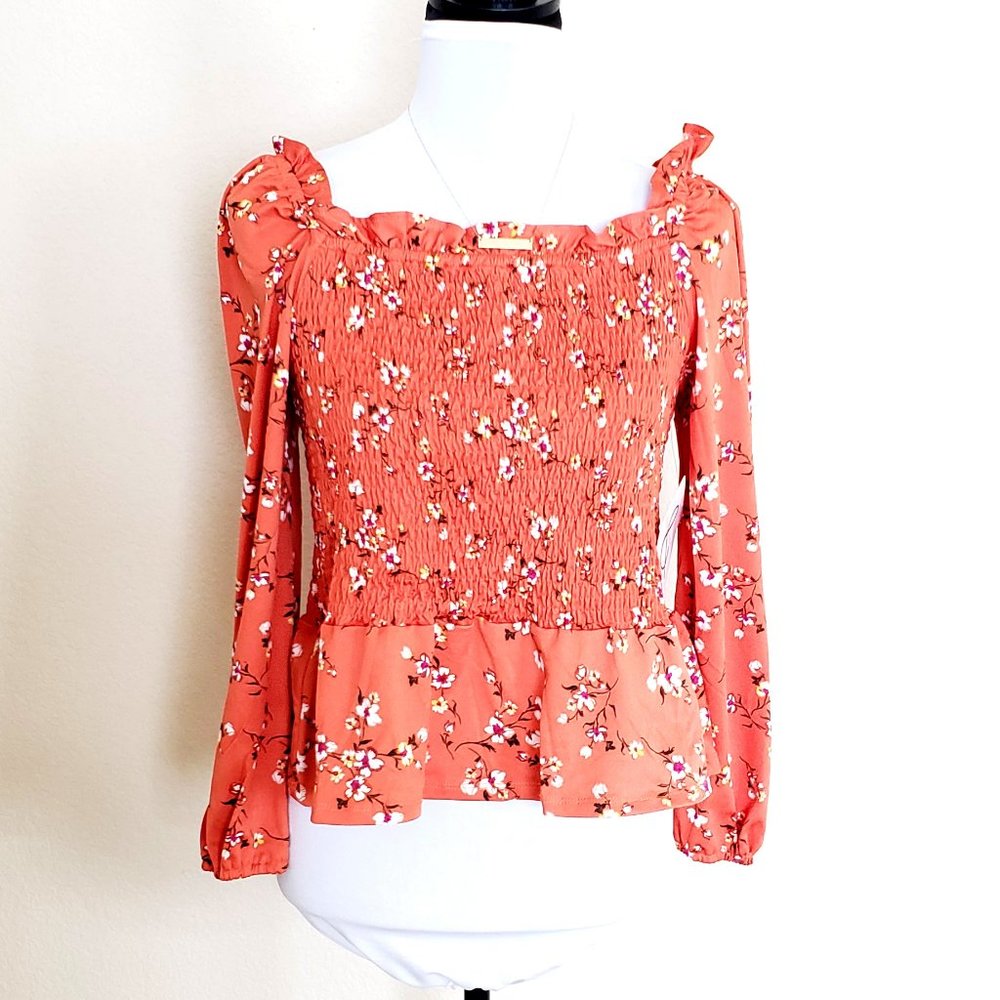 New & Next Floral Print Orange Smocked Top Medium